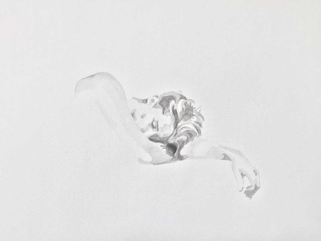 Light pencil drawing of a reclining figure viewed from the side.