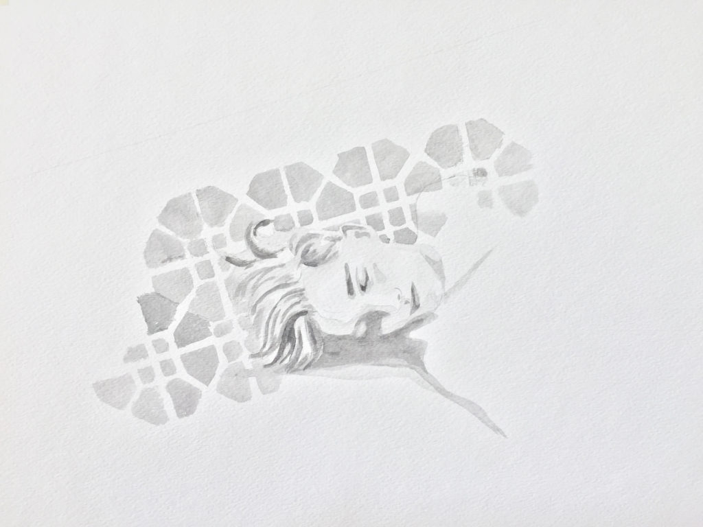 Pencil drawing of a reclining head and upper body beneath a patterned shape.