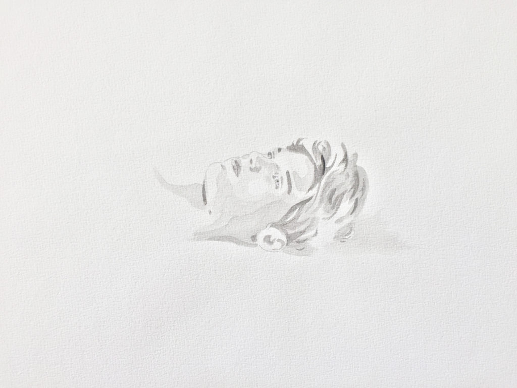 Pencil drawing of a reclining head and shoulders on white paper.