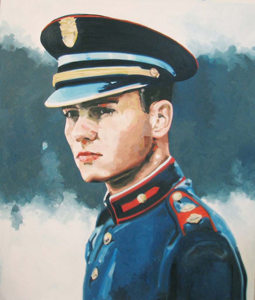 Young soldier in a dark blue uniform and peaked cap shown in profile.