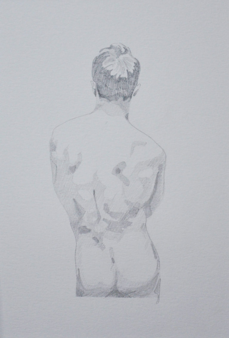 Pencil study of a nude figure seen from behind.