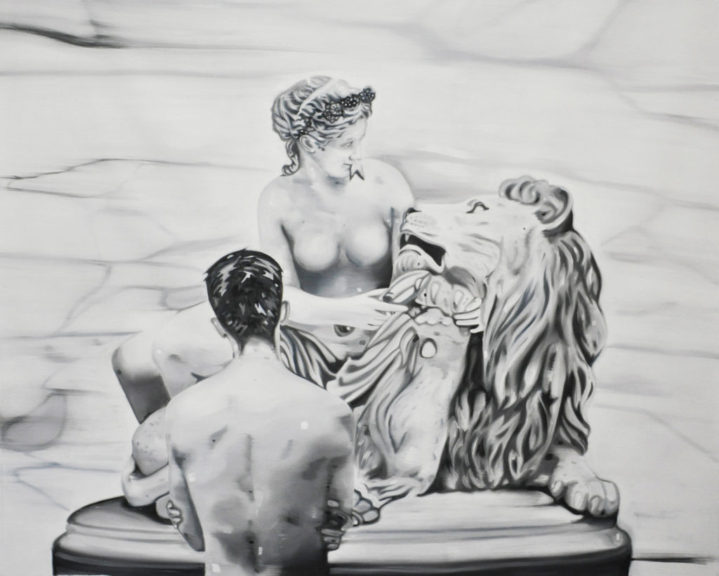 Black-and-white scene of a nude figure facing classical sculpture in a gallery.