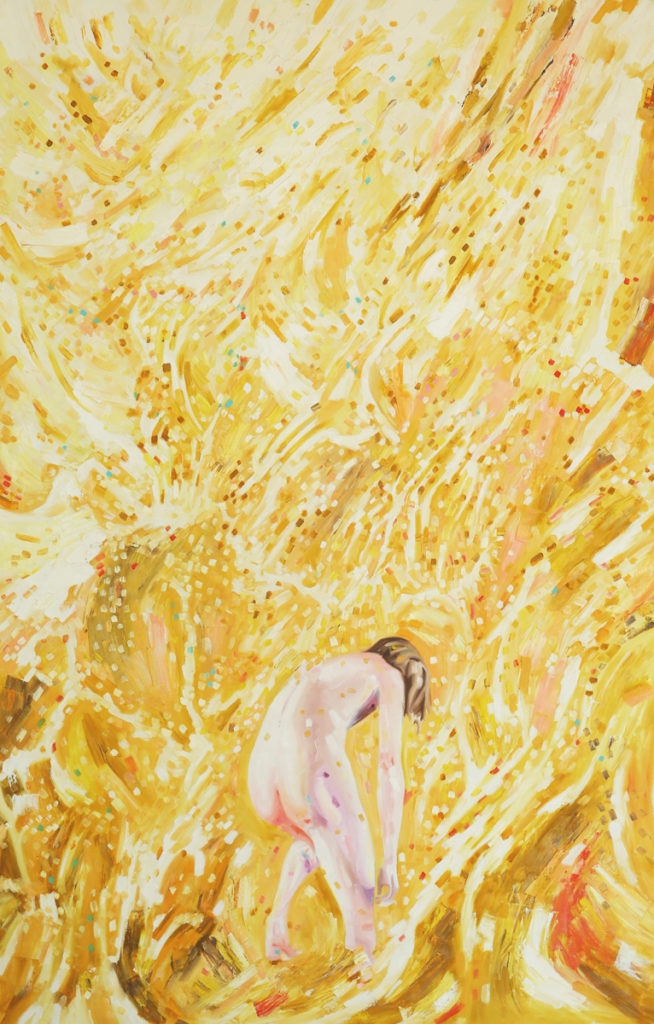 Small nude figure bending forward within a dense yellow field.