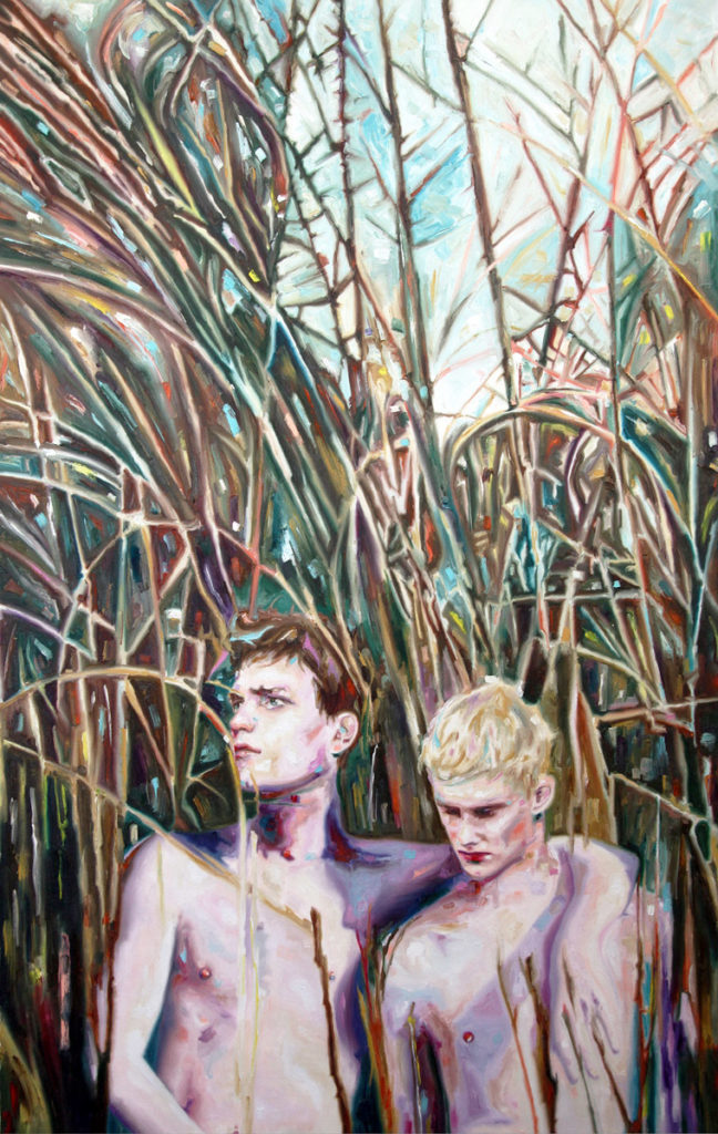Two bare-chested figures standing amid tall reeds.