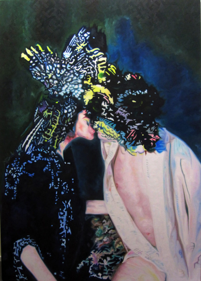 Two figures embracing beneath a large butterfly against a dark background.