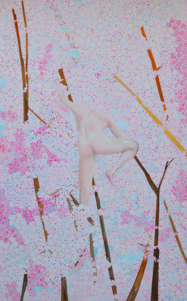 Pale nude figure partly obscured by vertical branches and pink marks.