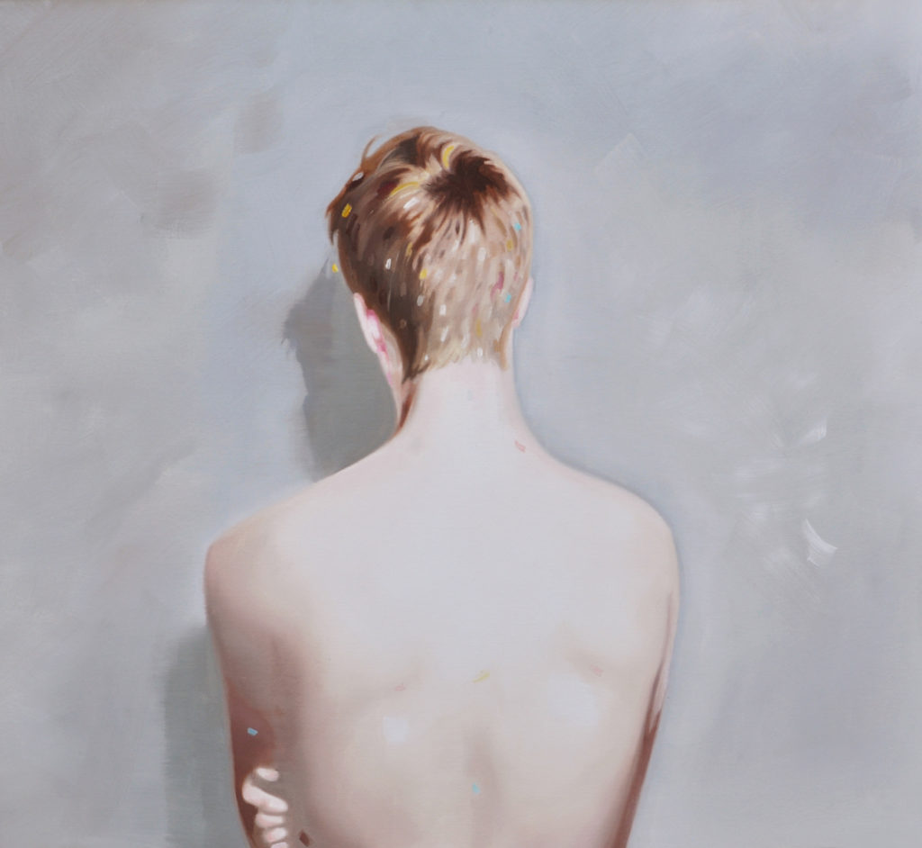 Bare-backed figure facing away against a pale gray background.