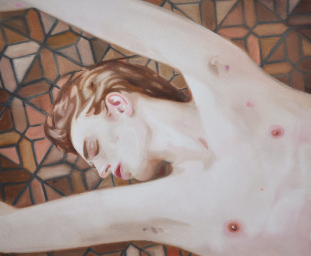 Reclining nude figure shown from close range against a patterned surface.