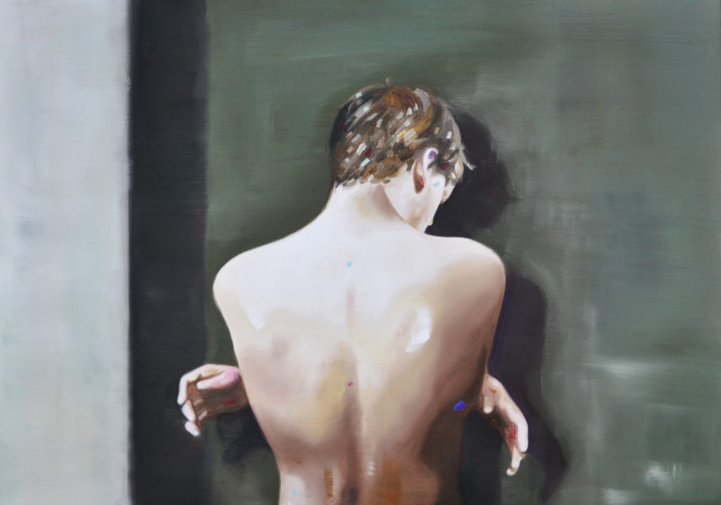 Bare-backed figure turning away against a dark green background.