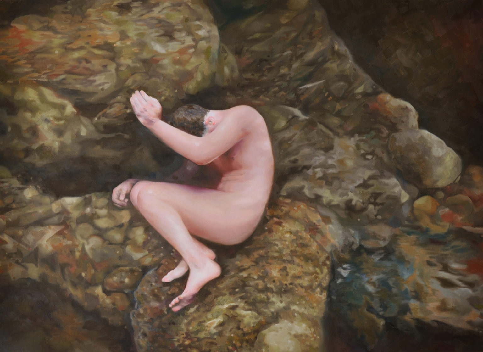 Curled nude figure lying on a textured brown-green ground.