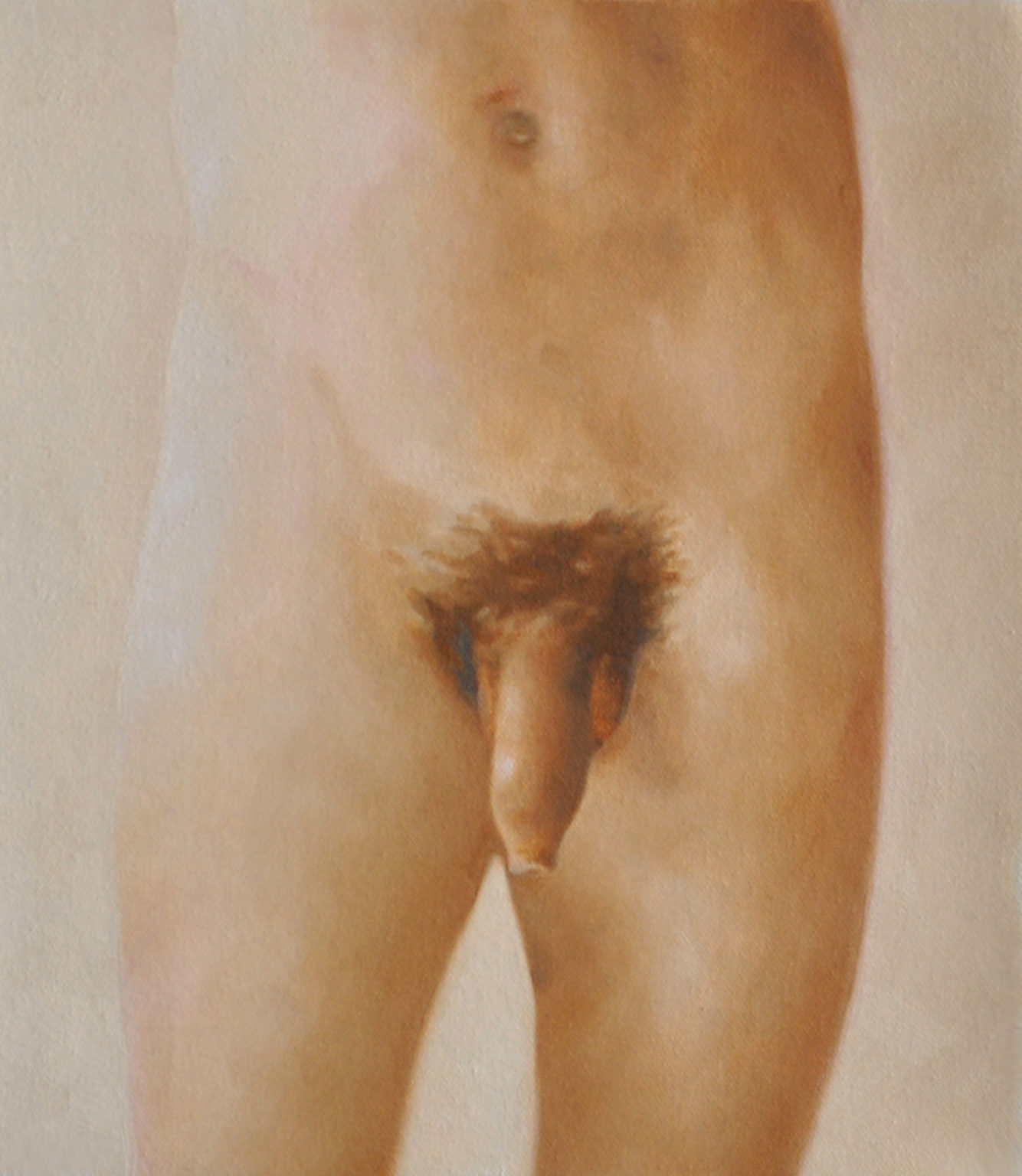 Close frontal view of a standing nude torso.