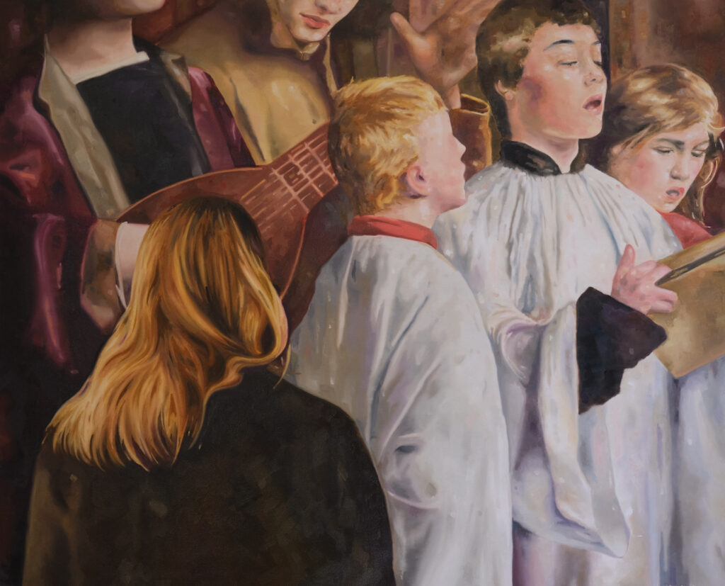 Group of figures gathered closely in a crowded interior.
