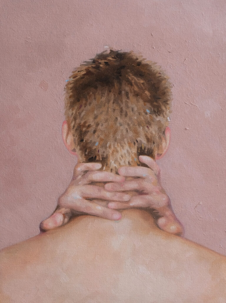 Figure seen from behind with hands clasped at the back of the neck.
