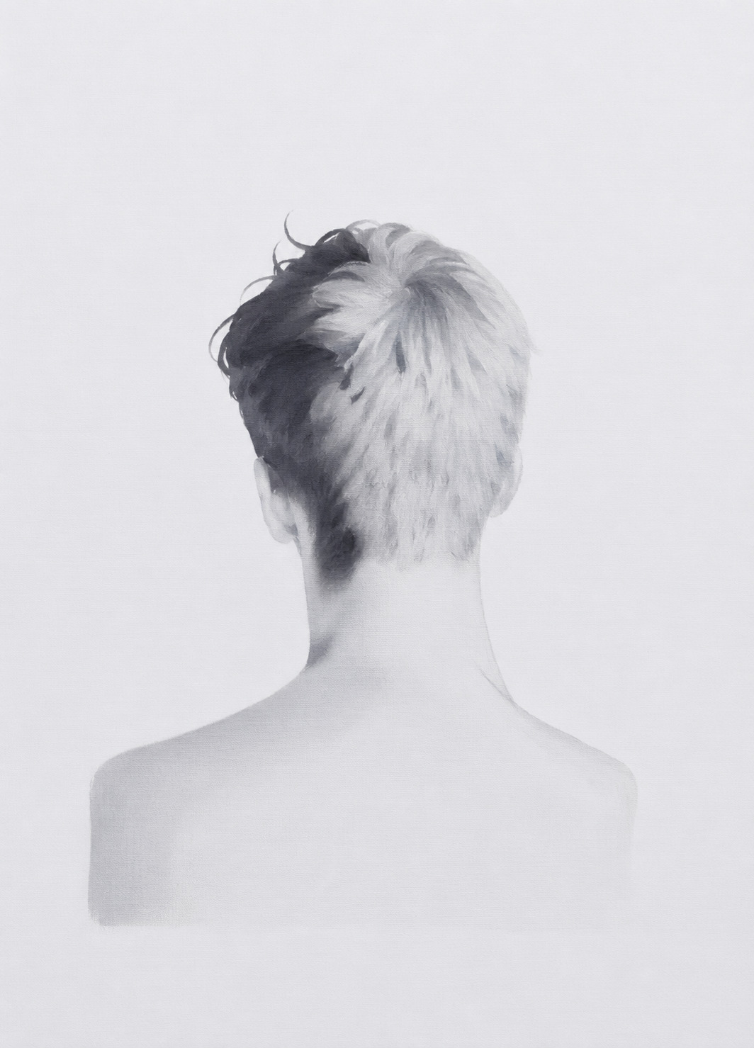 Rear view of a pale bare-shouldered figure with short light hair against a white background.