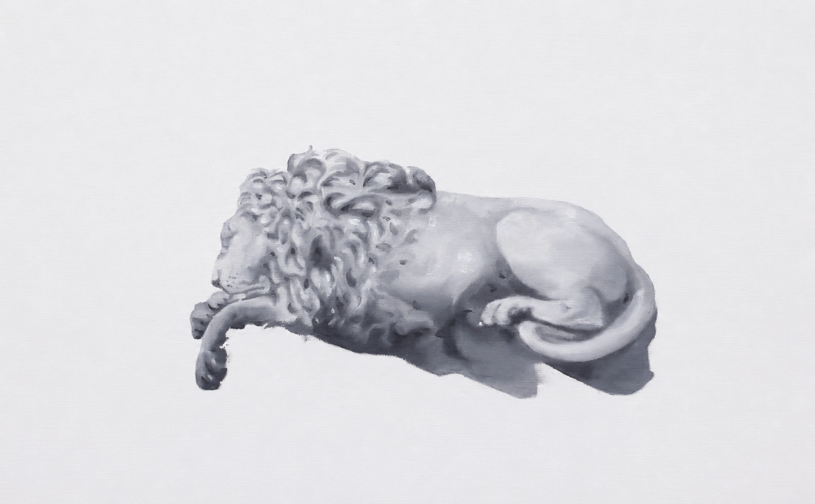 Sleeping lion curled on its side, rendered in soft gray tones on a pale background.