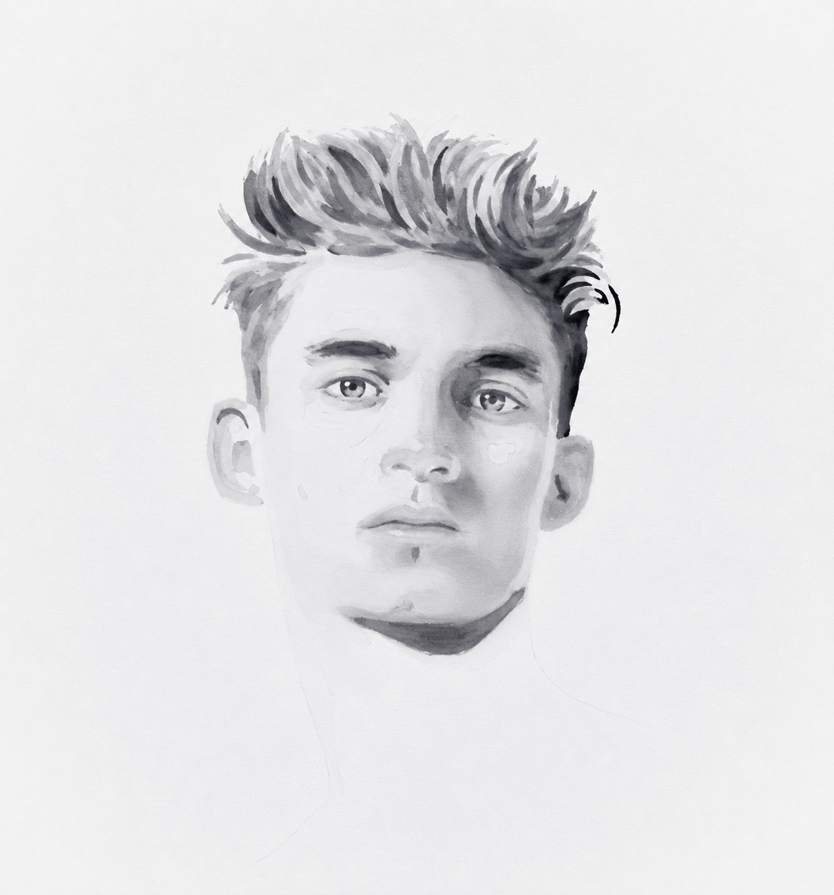 Frontal portrait of a young man with short tousled hair, rendered in pale gray tones.
